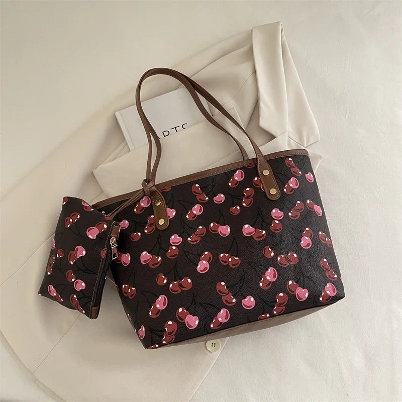 Chic Cherry Print Leather Tote Bag with Matching Pouch – Spacious Casual Shoulder Bag for Women