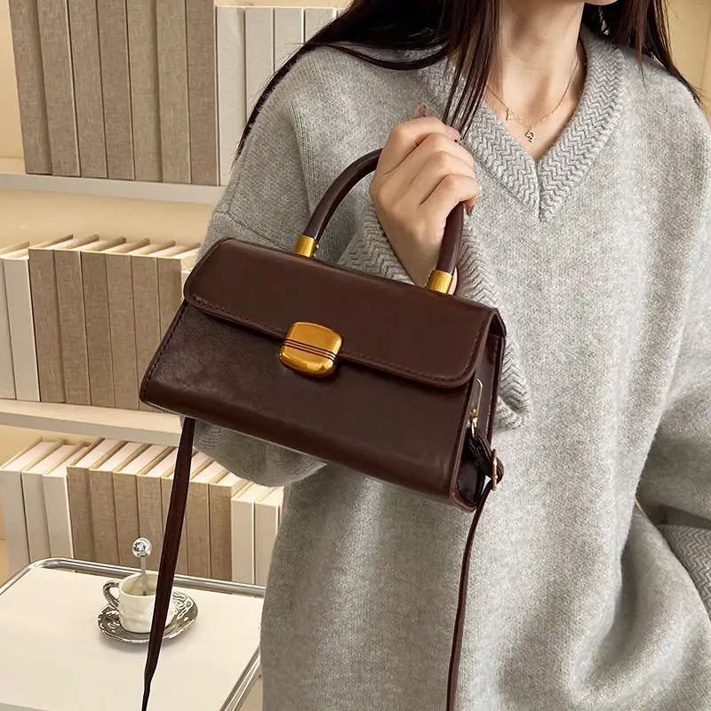 Structured Burgundy Crossbody Bag with Gold Lock Clasp | Chic Top-Handle Purse