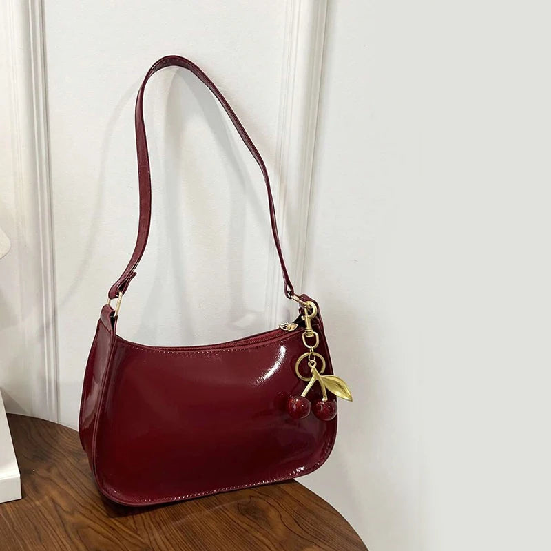 Trendy Glossy Cherry Red Patent Leather Shoulder Bag with Cute Cherry Bag Charm