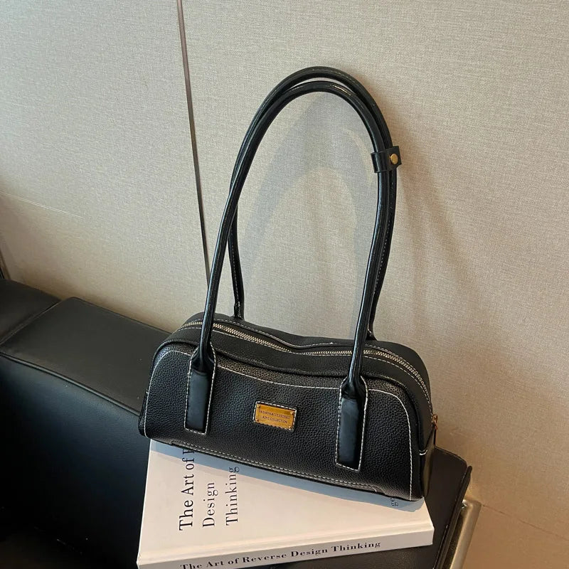 Chic Two-Tone Brown PU Leather Shoulder Bag – Vintage Style Women's Handbag & Boston Satchel