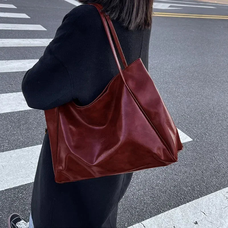 Modern Glossy PU Leather Tote Bag | Large Capacity Soft Shoulder Shopping Bag for Women