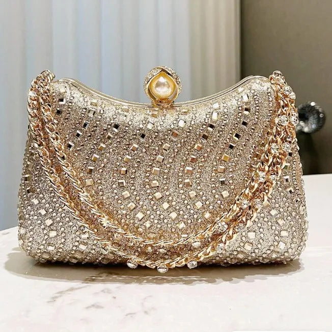 Glamorous Rhinestone Crystal Evening Clutch Bag - Luxury Pearl Clasp Party Handbag with Detachable Chain