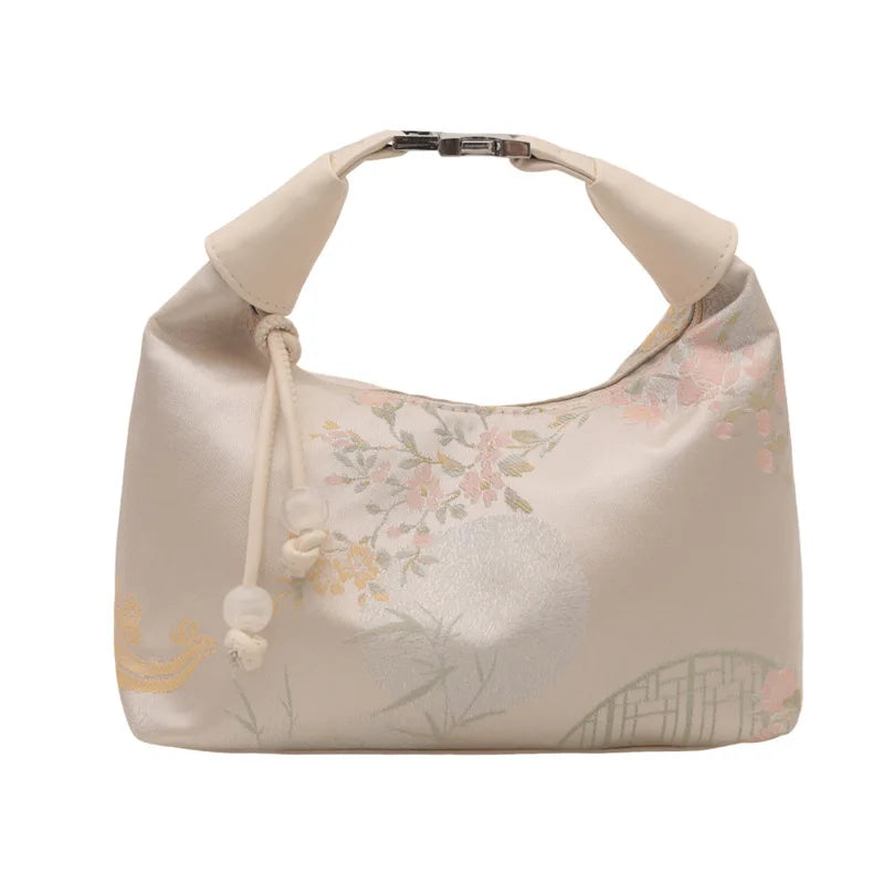 Vintage Aesthetic Brocade Slouchy Shoulder Bag - Cute Soft Pink Hobo Handbag with Beaded Charm