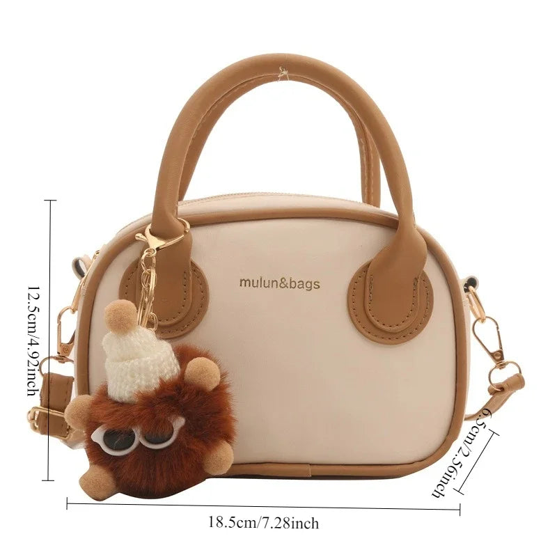 Casual Two-Tone Mini Barrel Crossbody Bag with Fluffy Pendant