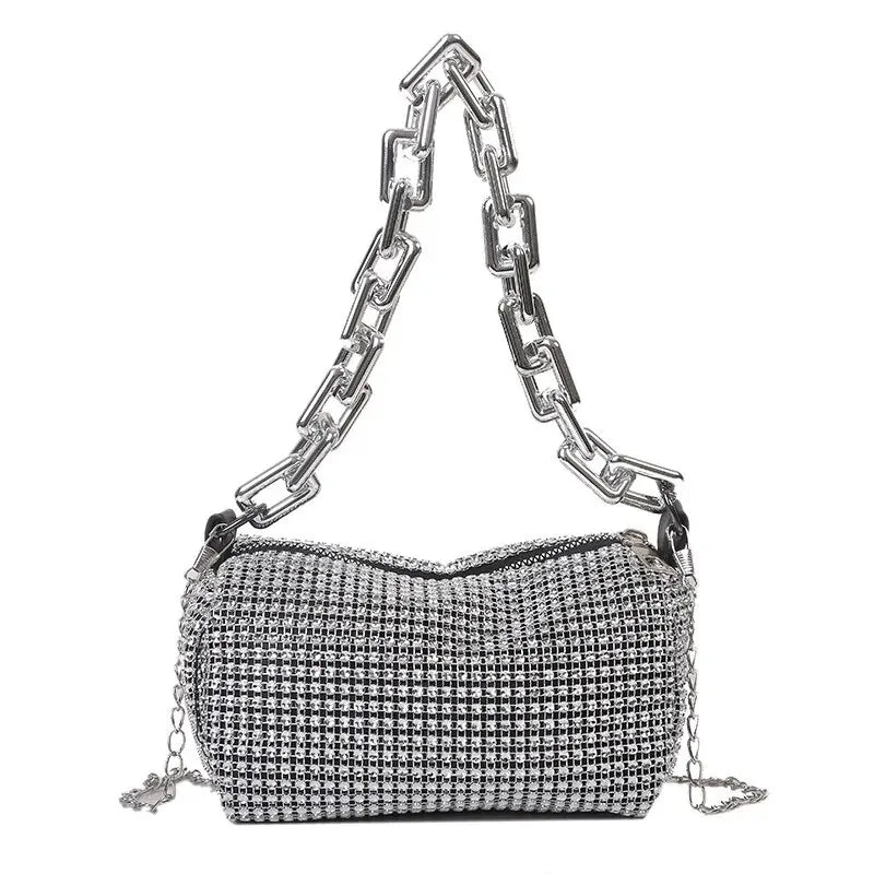 Glamorous Silver Rhinestone Evening Bag | Thick Chain Link Sparkly Crossbody Clutch