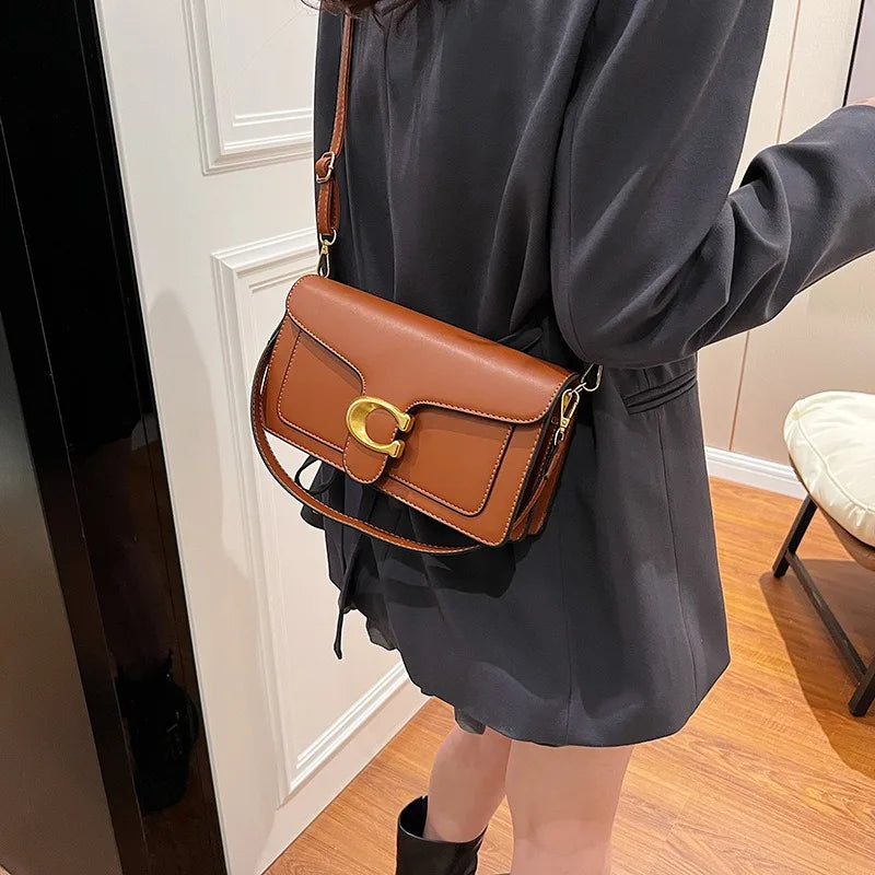 Luxury Leather Flap Shoulder Bag – Classic C-Hardware Crossbody Purse for Women