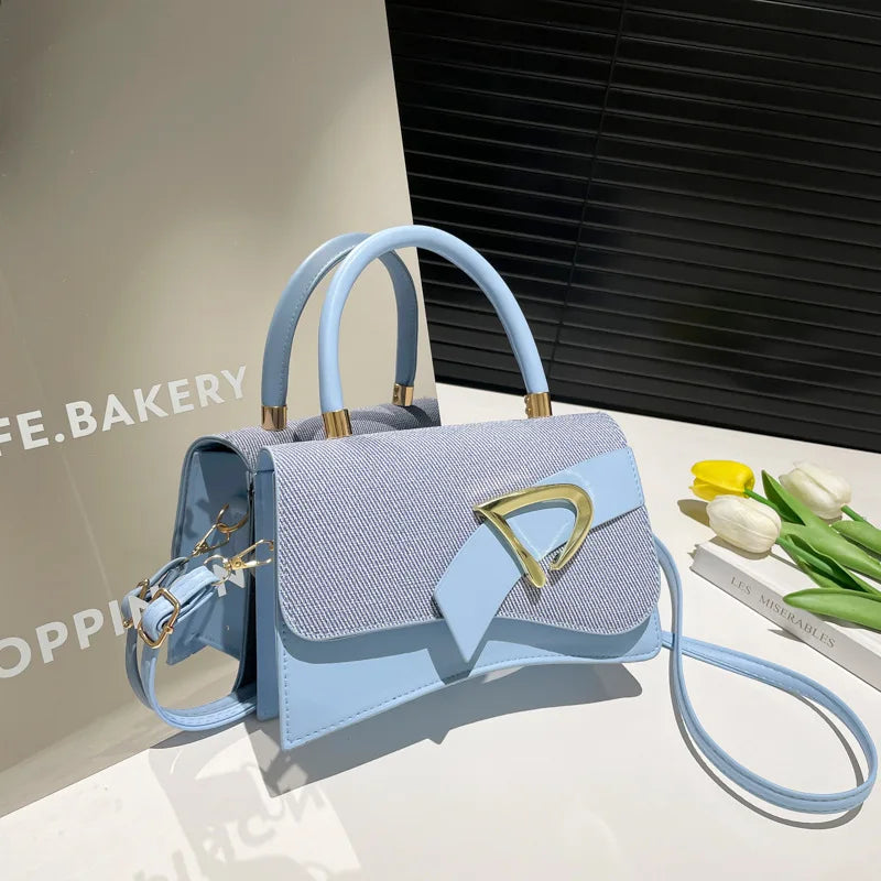 Modern Curved PU Leather & Straw Handbag