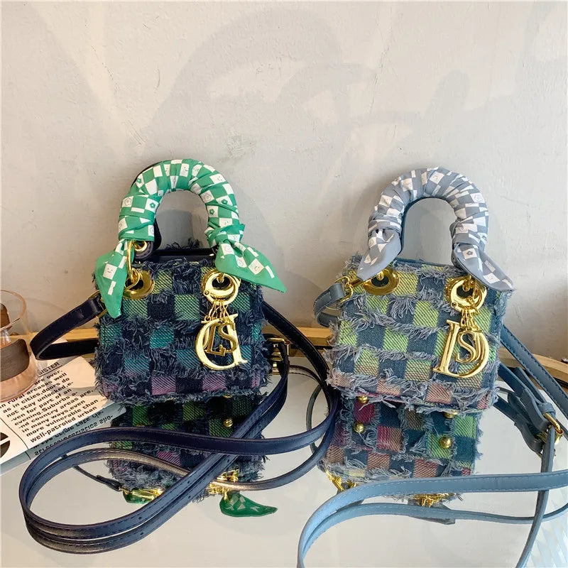 Chic Tweed Mini Crossbody Bag with Scarf Handle & Gold Charm - Stylish Women's Small Handbag