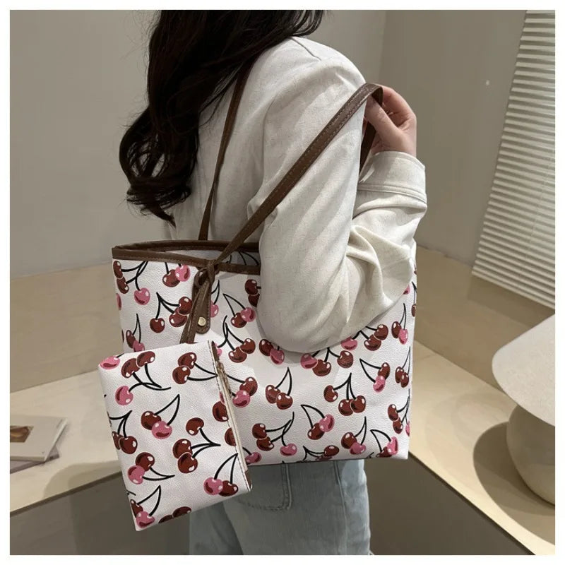 Chic Cherry Print Leather Tote Bag with Matching Pouch – Spacious Casual Shoulder Bag for Women