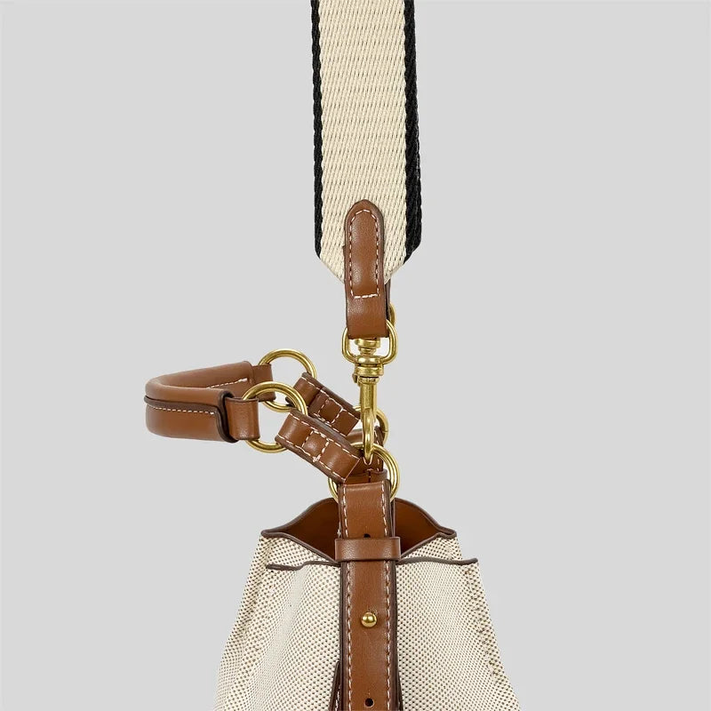 Casual Canvas & Leather Trim Bucket Crossbody Bag
