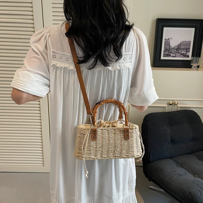 Boho Chic Bamboo Handle Straw Woven Crossbody & Top-Handle Bag