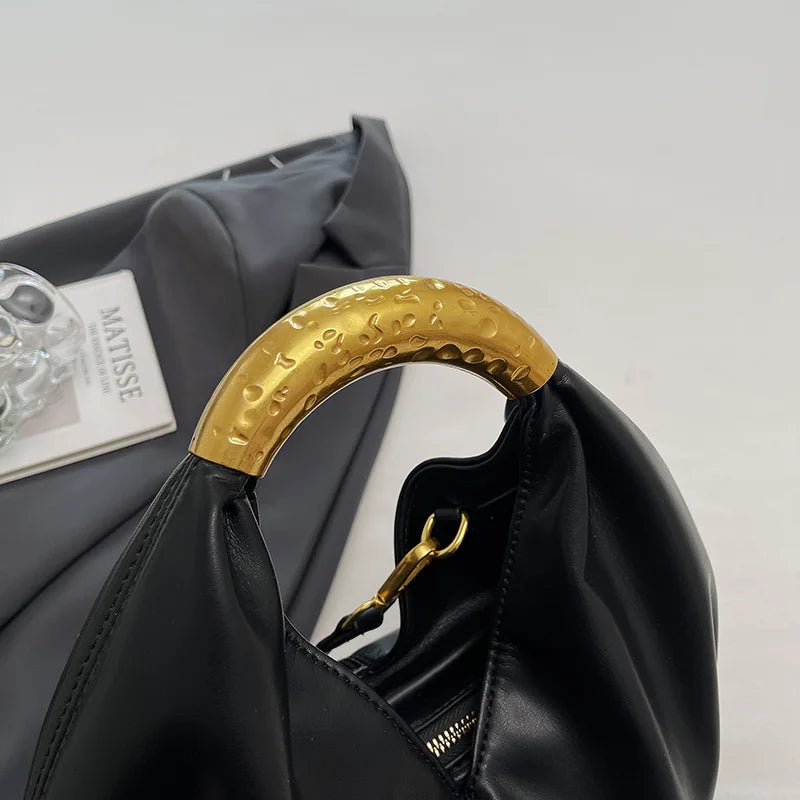 Aura Bags Elegant White Slouchy Handbag with Hammered Gold Metal Ring Handle