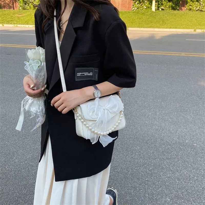 Elegant White Flap Crossbody Bag with Organza Bow & Pearl Chain