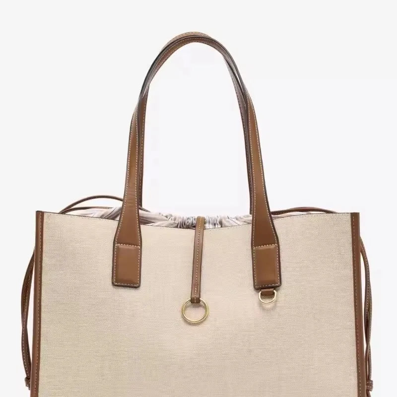 Chic Canvas Tote Bag with Brown PU Leather Trim & Drawstring Closure
