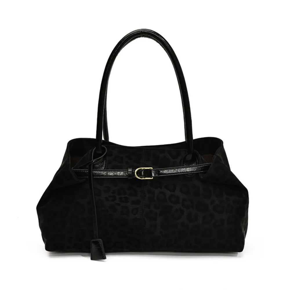 Vintage Suede Leopard Print Belted Tote Bag