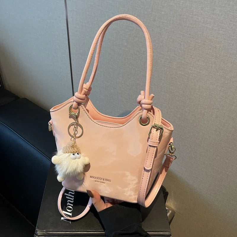 Chic White PU Leather Shoulder Bag with Cute Fur Charm & Top Handles