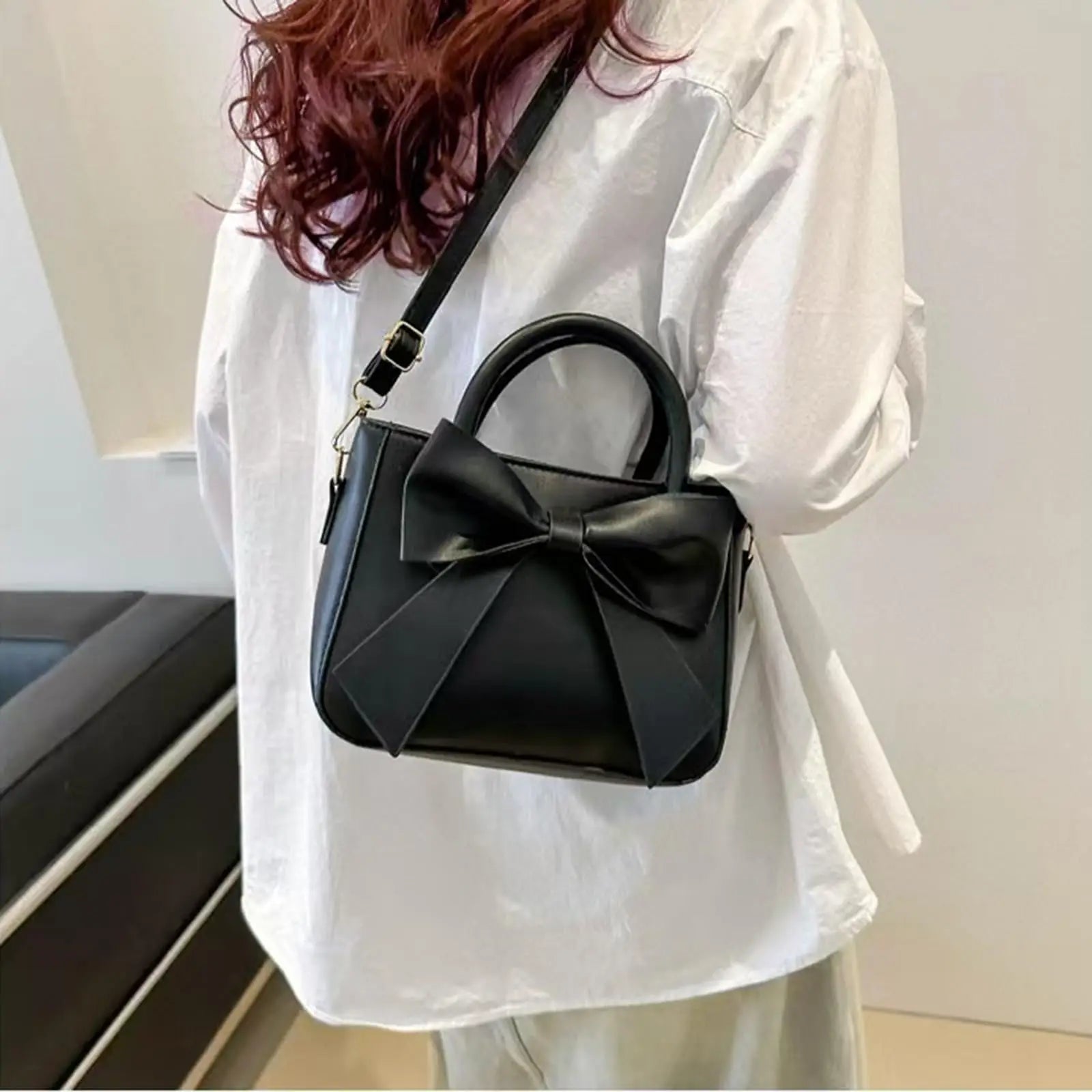 Chic Bow-Accent PU Leather Top-Handle Crossbody Bag | Cute Aesthetic Shoulder Bag
