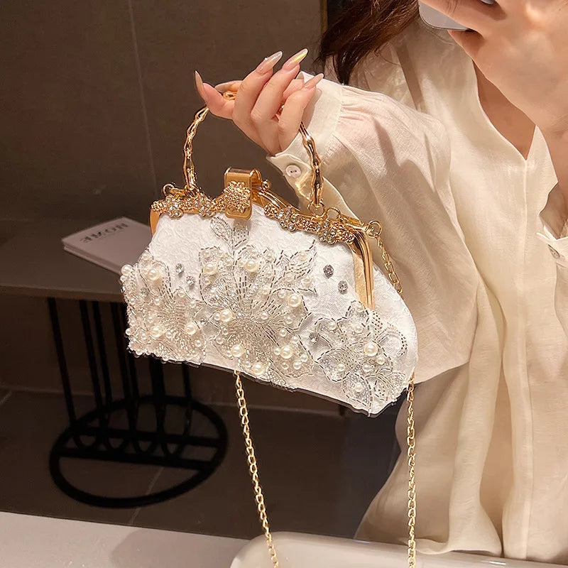 Elegant White Pearl Lace Evening Clutch Bag | Luxury Bridal Purse with Gold Handle