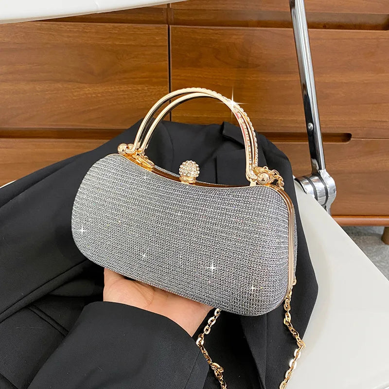 Aura Glamorous Glitter Evening Clutch | Sparkly Rhinestone Party Bag with Chain Strap
