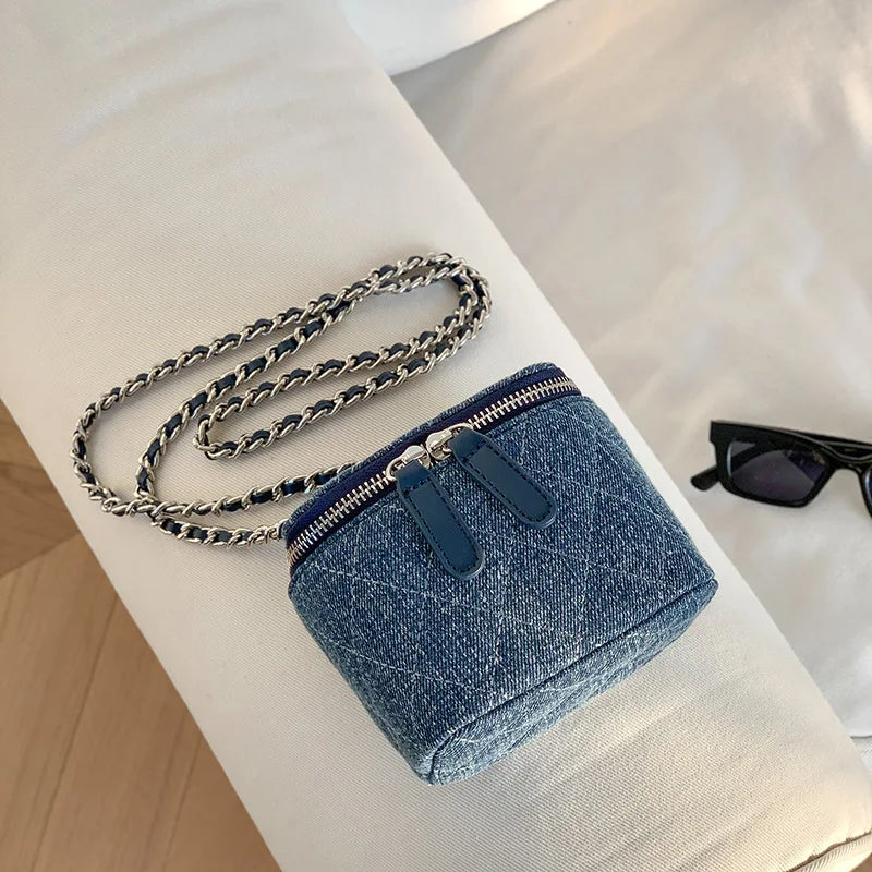 Chic Quilted Denim Mini Vanity Crossbody Bag – Cute Cylindrical Chain Shoulder Bag for Women