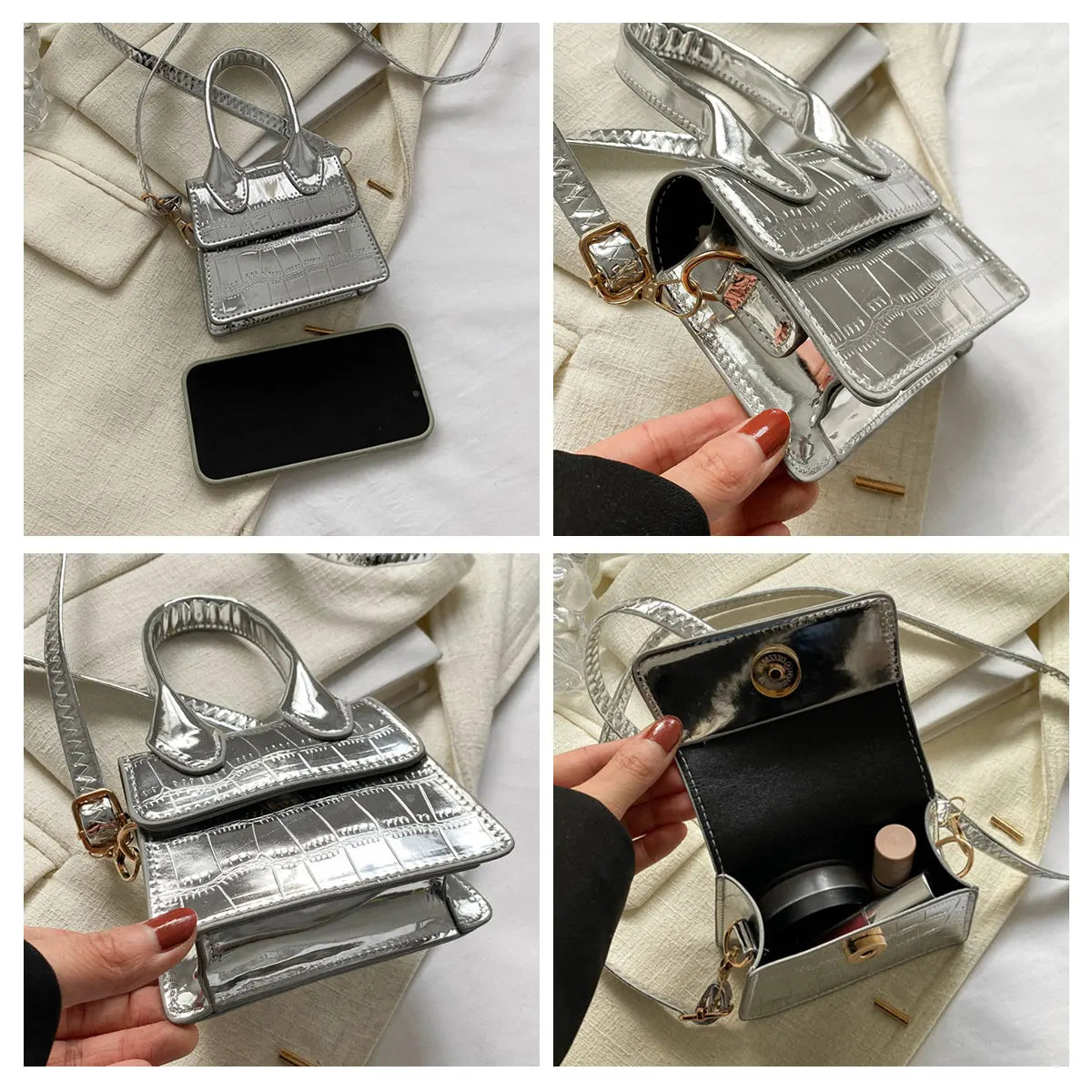 Aura Bags Futuristic Metallic Silver Crocodile Pattern Mini Crossbody Bag