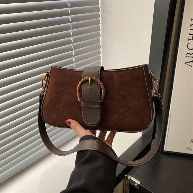 Elegant Suede Leather Shoulder Bag with Buckle Detail – Chic Underarm Handbag for Women