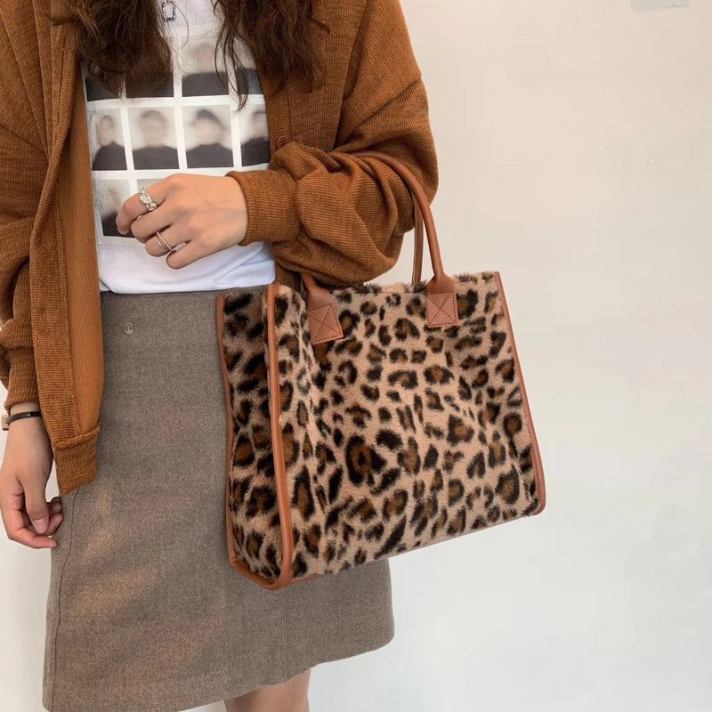 Chic Cow Print Plush Tote Bag with PU Leather Trim