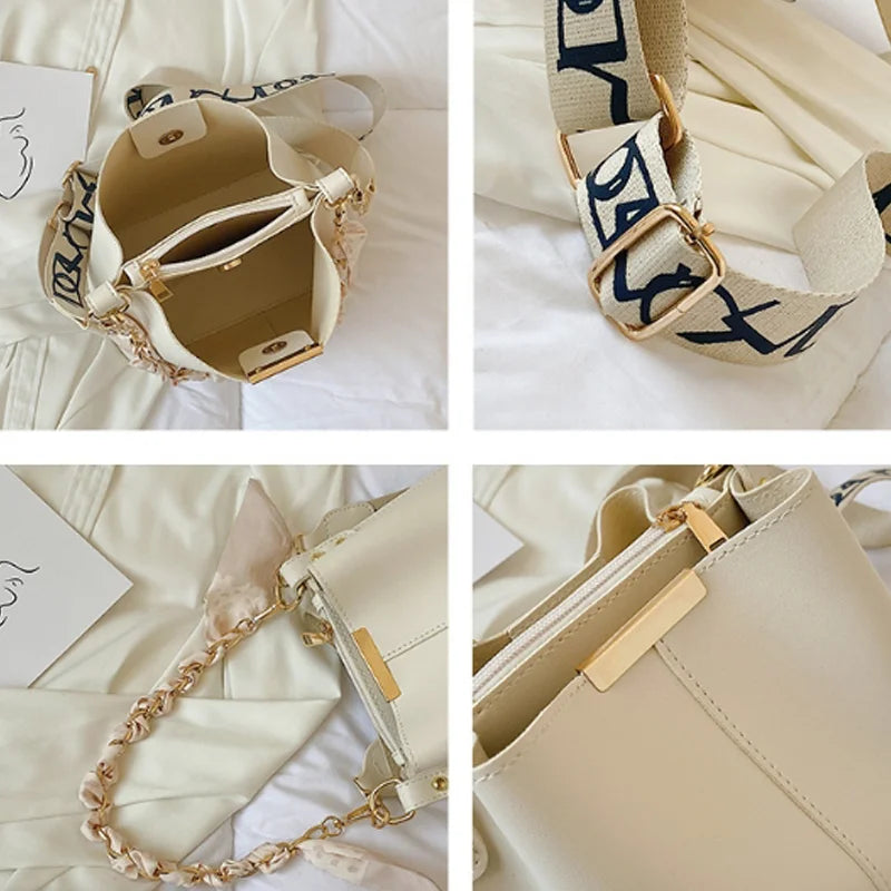 Elegant Cream White Bucket Bag | Silk Scarf Wrapped Chain Crossbody Shoulder Bag