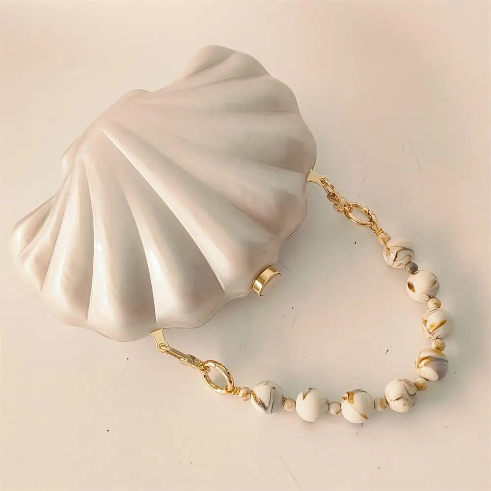 Elegant Pearlescent Seashell Evening Clutch Bag with Marble-Patterned Beaded Chain - Luxury Party Handbag