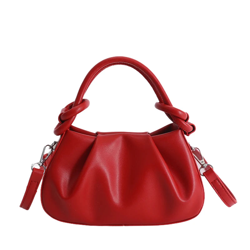 Chic Pleated Mini Red Handbag for Women | Stylish PU Leather Top Handle & Underarm Shoulder Purse