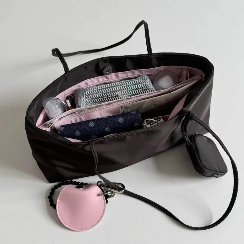 Aura Bags Aesthetic Brown Nylon Tote Bag with Compartments & Keychain Accessories