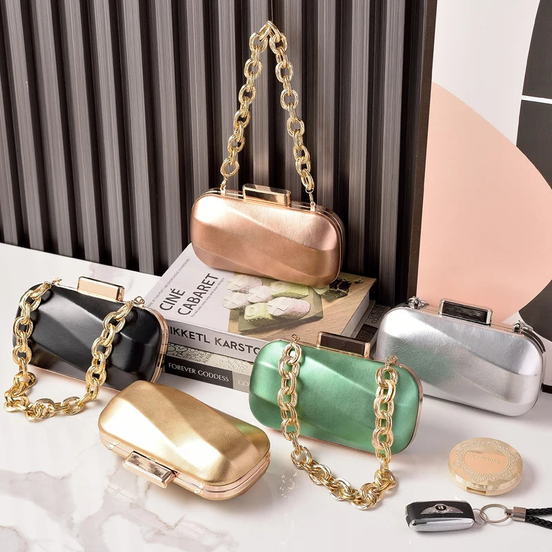 Women’s Metallic Party Clutch, Luxury Prom & Wedding Handbag, Chic Metal Handle Evening Bag