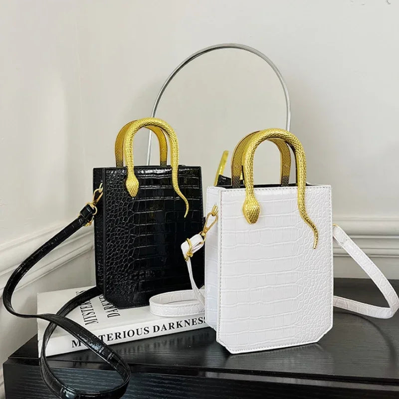 Aura Bags Luxury Crocodile Pattern Square Crossbody Bag with Gold Snake Handle