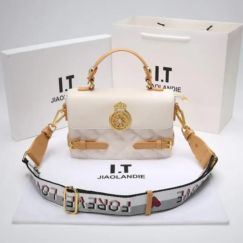 Elegant White and Tan Designer-Style Satchel with Gold Chain