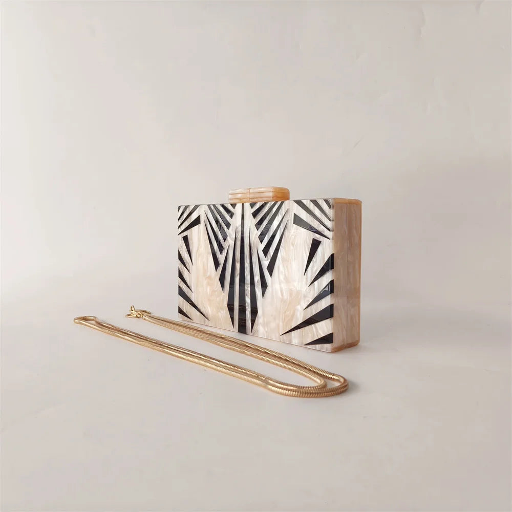 Elegant Marble Pattern Acrylic Box Clutch | Party Wear Handbag with Statement Beads Chain