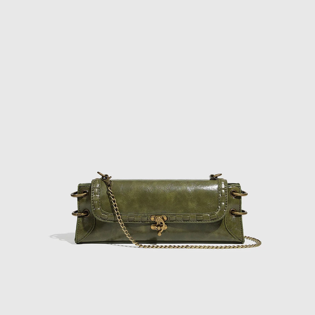 Vintage Olive Green Baguette Shoulder Bag with Brass Chain & Lock