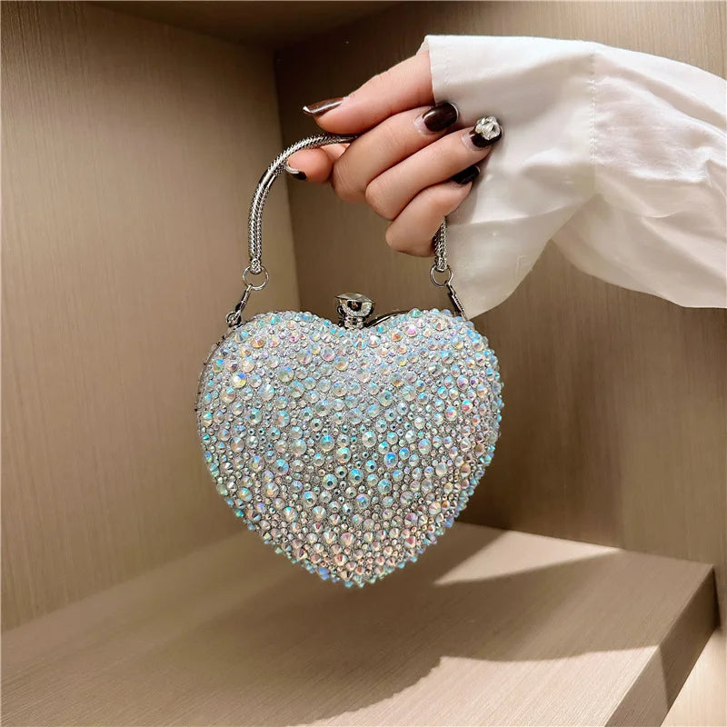 Glamorous Heart-Shaped Rhinestone Evening Clutch and Party Handbag with Gold Handle