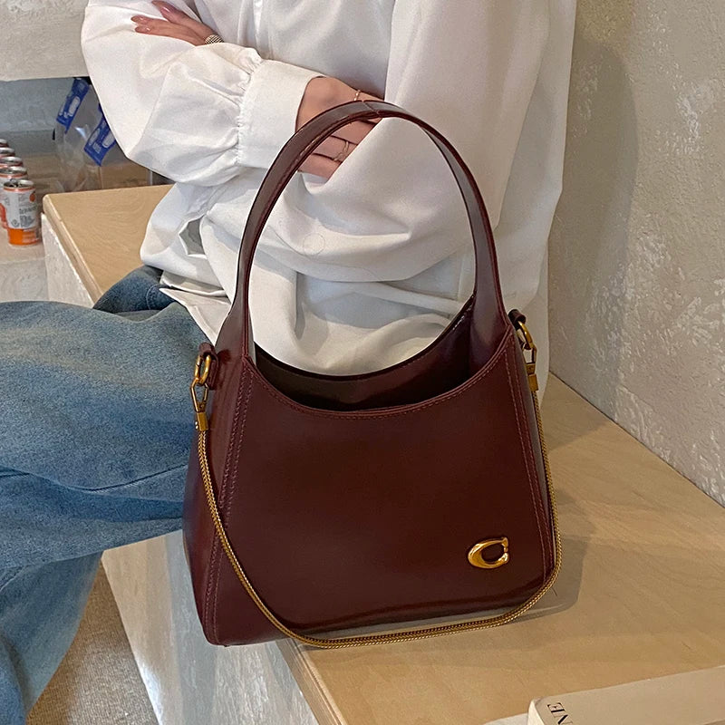 : Women’s Vintage Leather Hobo Bag – Retro Wine Red Underarm Bag & Shoulder Purse with Gold Chain Accent