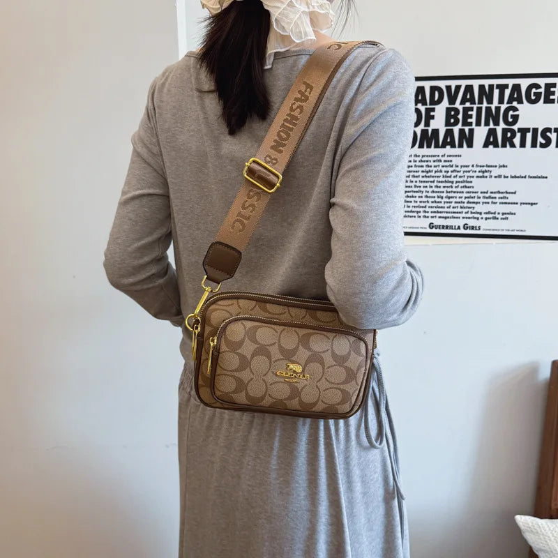 Classic Monogram Pattern Multi-Pocket Crossbody Bag for Women | Chic Wide Strap Shoulder Camera Purse