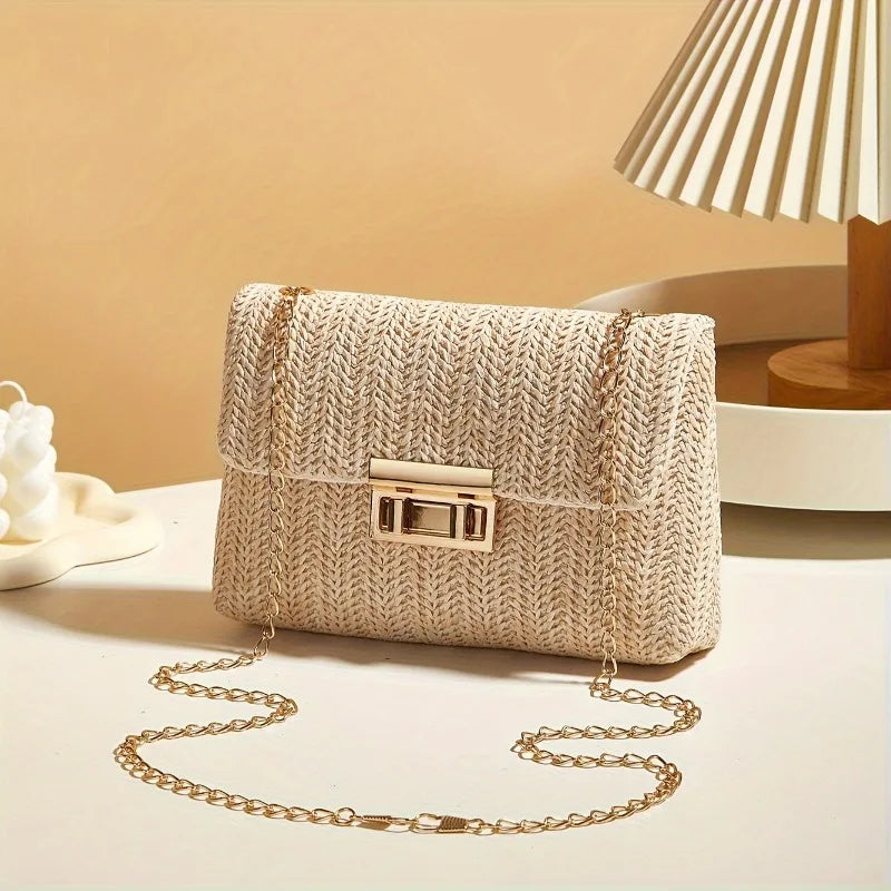 Chic Straw Woven Chain Crossbody Bag for Women