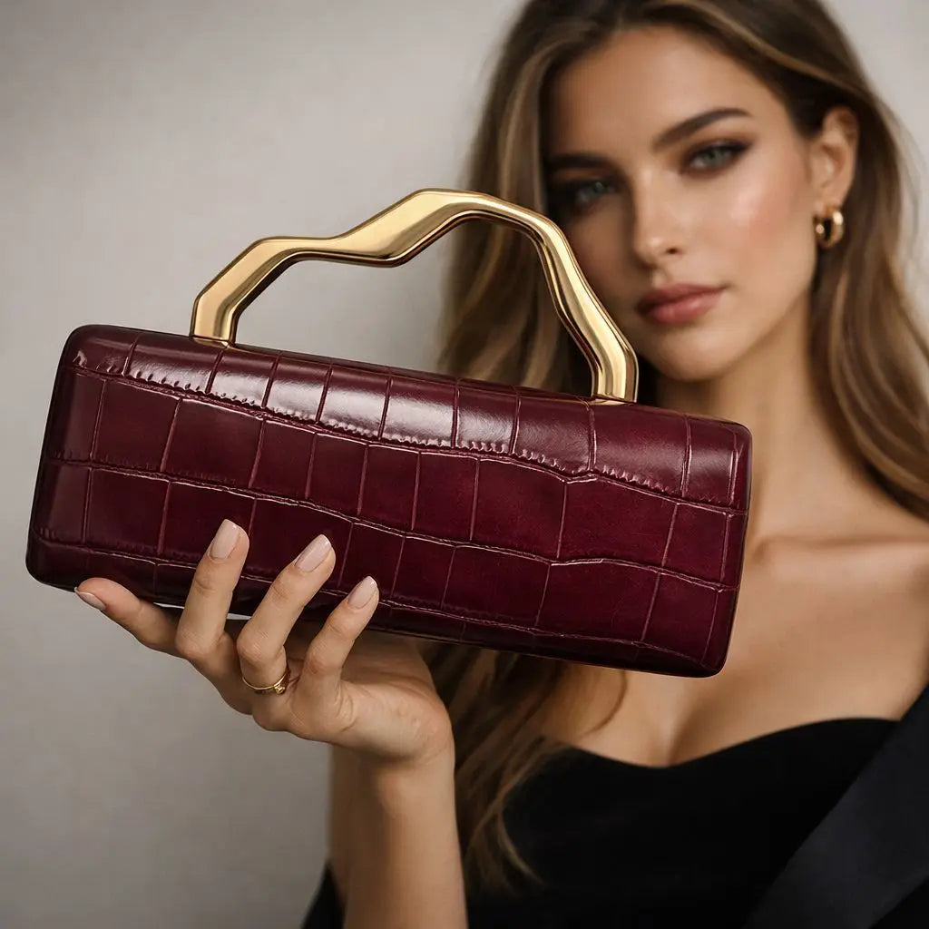 Luxurious Crocodile Texture Evening Clutch Bag for Women | Elegant Gold Metal Handle Party Purse & Crossbody