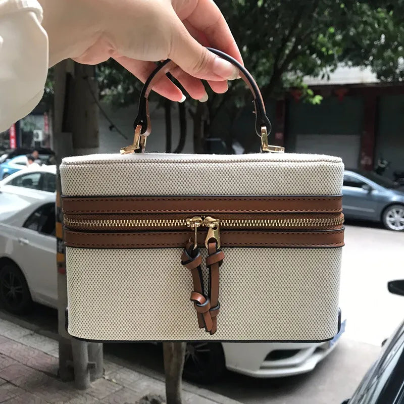 Minimalist Cream Canvas Box Bag with Leather Accents