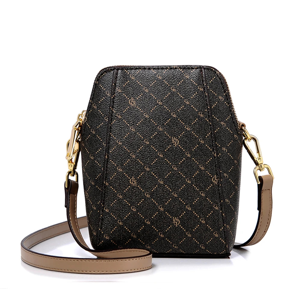 Classic Monogram Pattern Vertical Crossbody Bag with Contrast Brown Strap - Casual Daily Shoulder Handbag