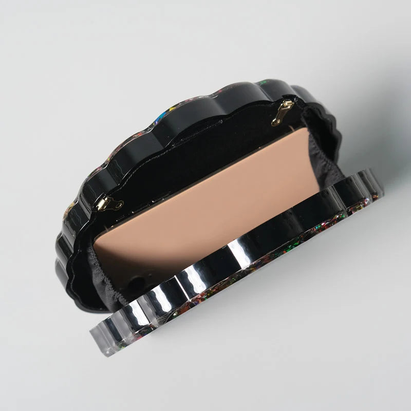 Vibrant Glitter Shell Acrylic Clutch Bag – Colorful Party Handbag with Interwoven Chain Strap