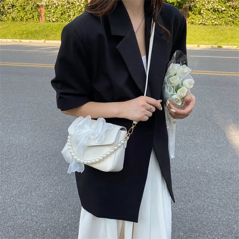 Elegant White Flap Crossbody Bag with Organza Bow & Pearl Chain