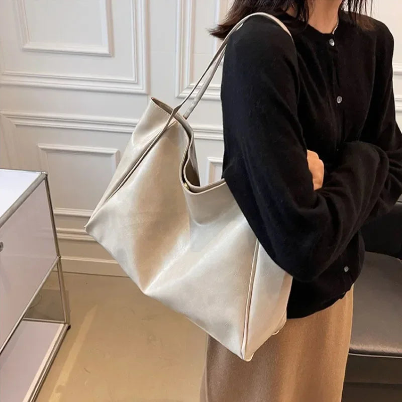 Modern Glossy PU Leather Tote Bag | Large Capacity Soft Shoulder Shopping Bag for Women
