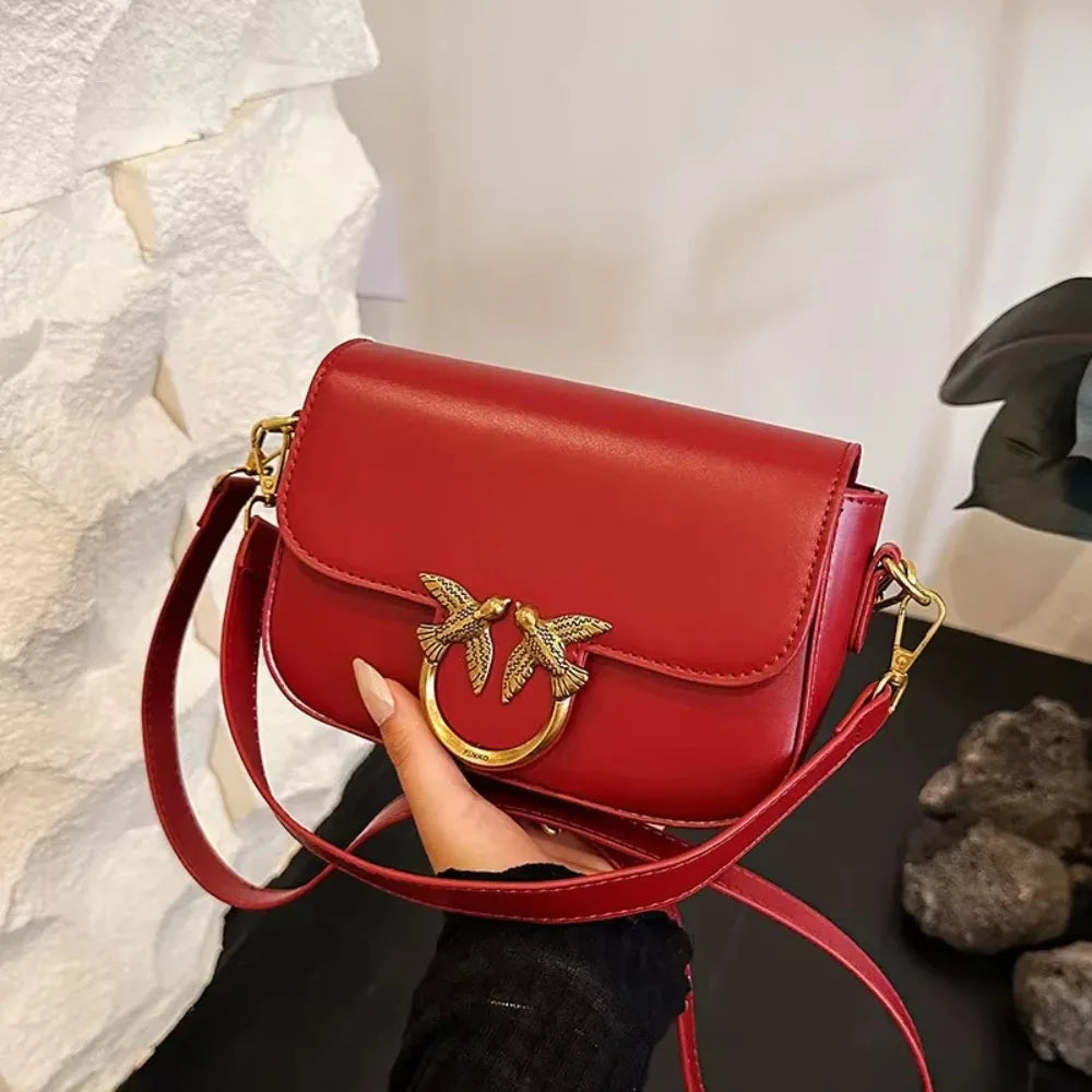 Elegant Maroon PU Leather Crossbody Bag with Gold Bird Clasp