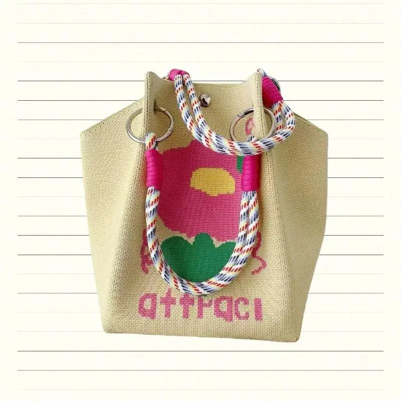 Cute Floral Knit Mini Handbag | Aesthetic Woven Top-Handle Tote Bag