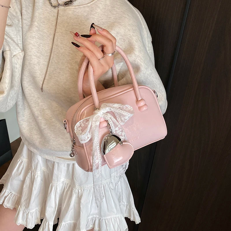 Aesthetic PU Leather Boston Bag / Crossbody Bag with Lace Bow & Heart Pendant