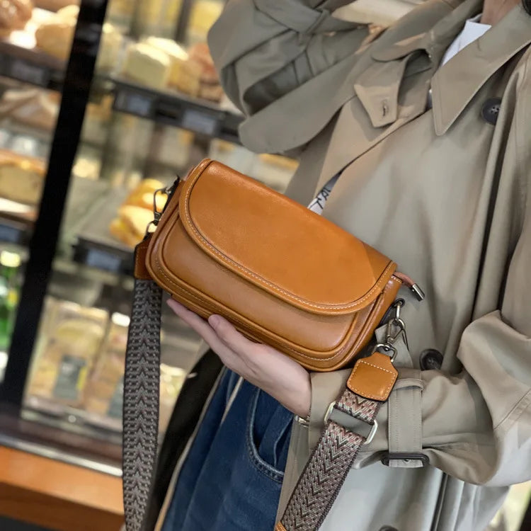 Vintage PU Leather Saddle Crossbody Bag with Wide Woven Guitar Strap